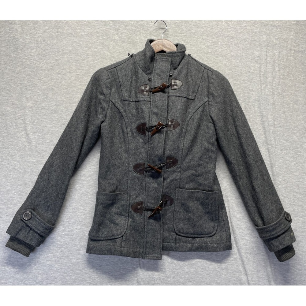 Papaya Duffle Coat Womens Small Charcoal Gray Wool Blend Leather Toggle Fastener